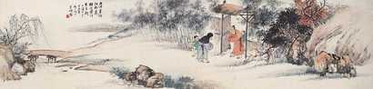 倪田 1894年作 山水人物 横幅